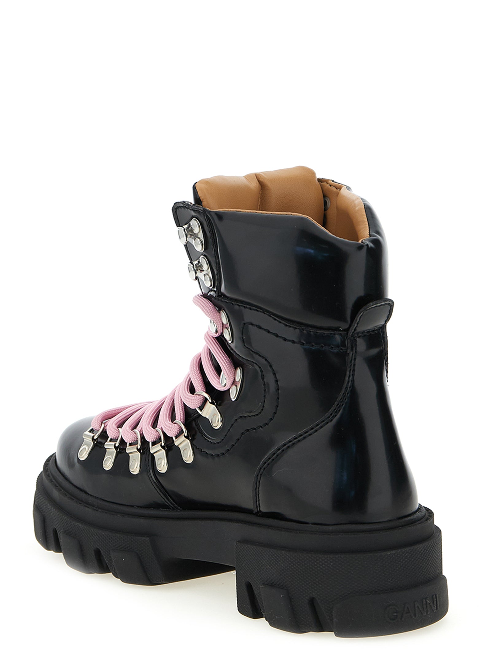 Lace-Up Boots by Ganni for women in polyester polyurethane leather black features an effortless chic silhouette from the Women's Polyester Polyurethane Leather Lace-Up Boots collection, showcasing a effortless chic and refined for an effortless chic look.
