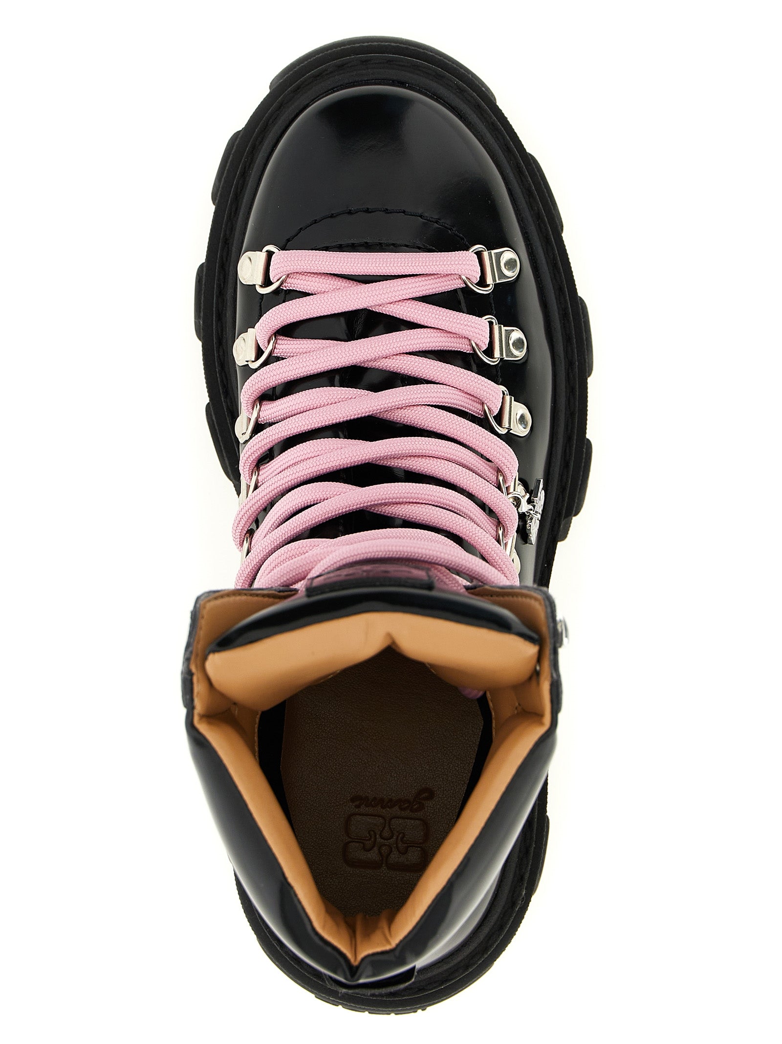 Lace-Up Boots by Ganni for women in polyester polyurethane leather black showcases a ergonomic silhouette from the Women's Polyester Polyurethane Leather Lace-Up Boots collection, featuring a ergonomic and a ergonomic .