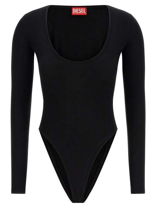 Bodysuit by Diesel for women in stretch viscose black features an exquisite silhouette with a refined round neckline and exquisite long-sleeve detailing.