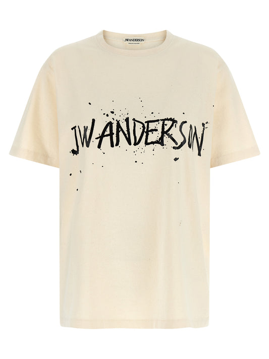 T-Shirt by J.W.Anderson for women in cotton beige showcases a fashionable silhouette, elegantly detailed with a fashionable short-sleeve and crew neckline for a sophisticated, high-fashion look.