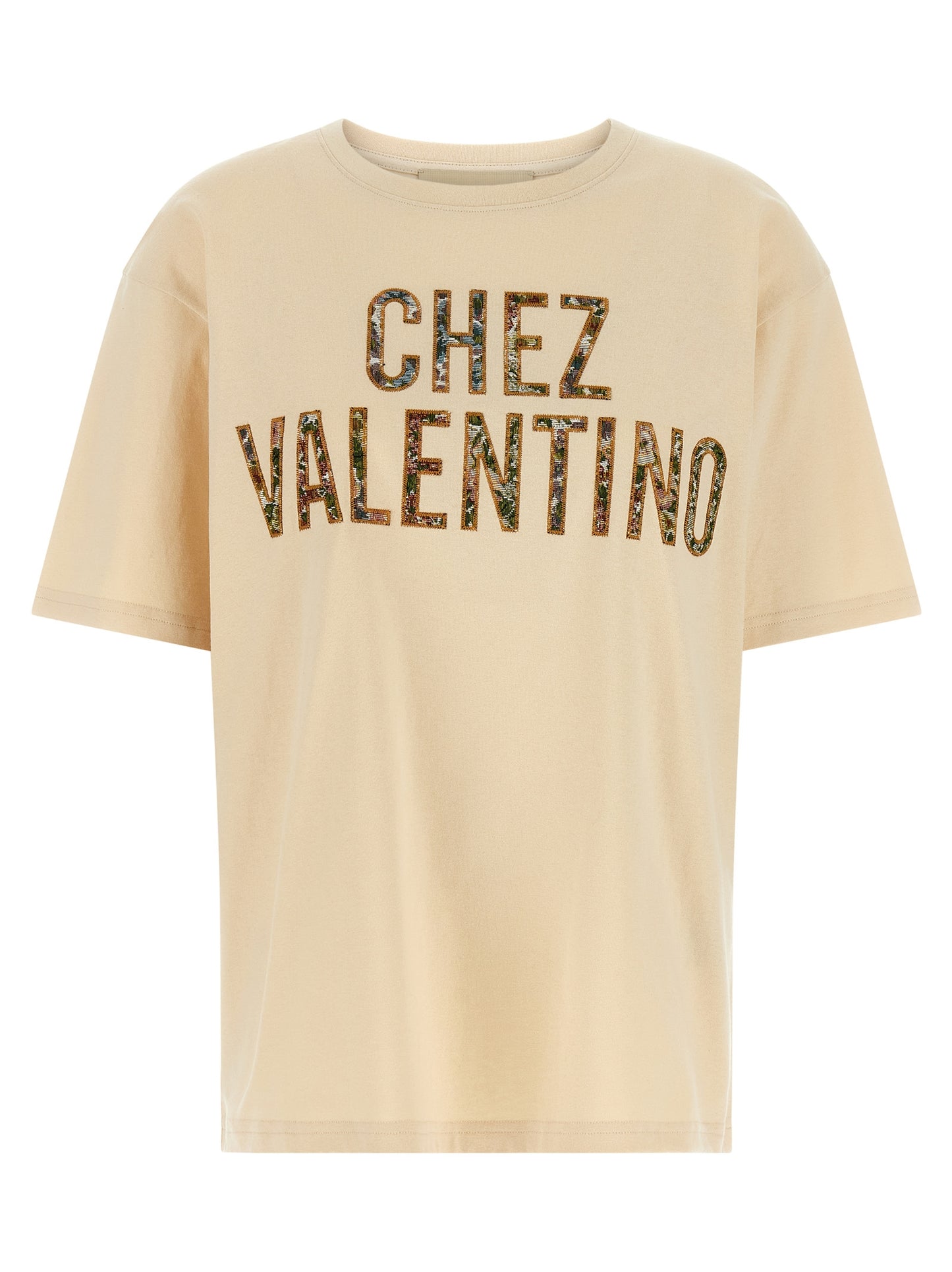 T-Shirt by Valentino Garavani for women in cotton beige, patterned & jacquard features an edgy silhouette, meticulously detailed with a sophisticated and crew neckline for a truly edgy finish.