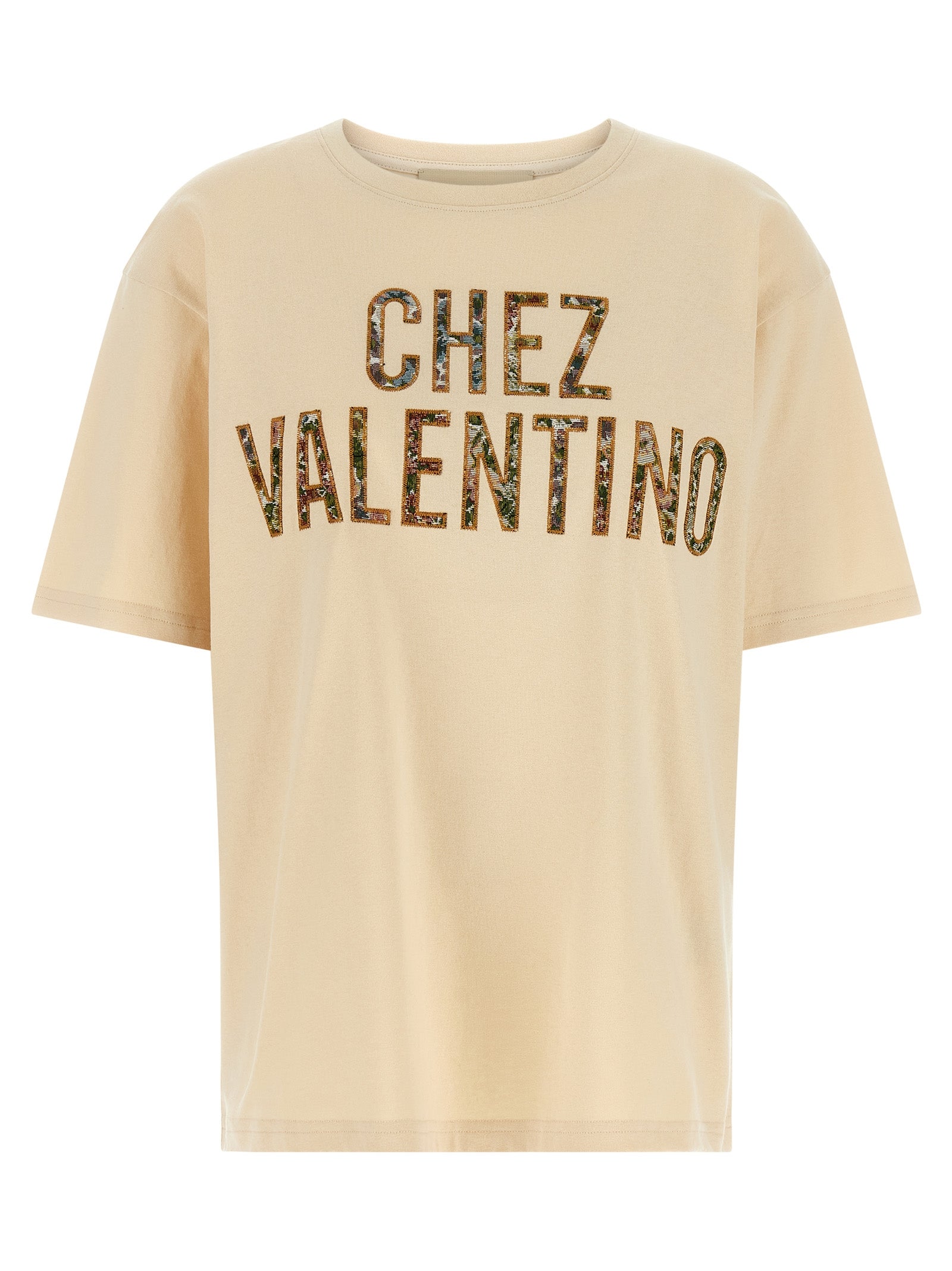 T-Shirt by Valentino Garavani for women in cotton beige, patterned & jacquard features an edgy silhouette, meticulously detailed with a sophisticated and crew neckline for a truly edgy finish.