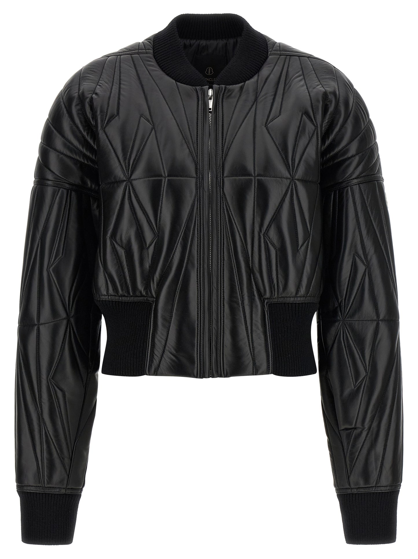 Rick Owens Men's Crop Top Quilted Padded Lamb Leather & Nylon Bomber Jacket - Black Patterned Signature