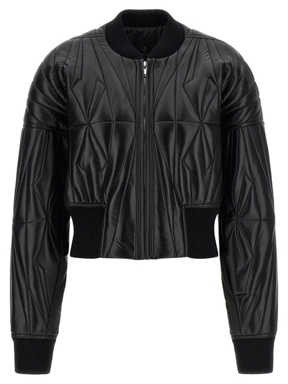 Rick Owens Men's Crop Top Quilted Padded Lamb Leather & Nylon Bomber Jacket - Black Patterned Signature