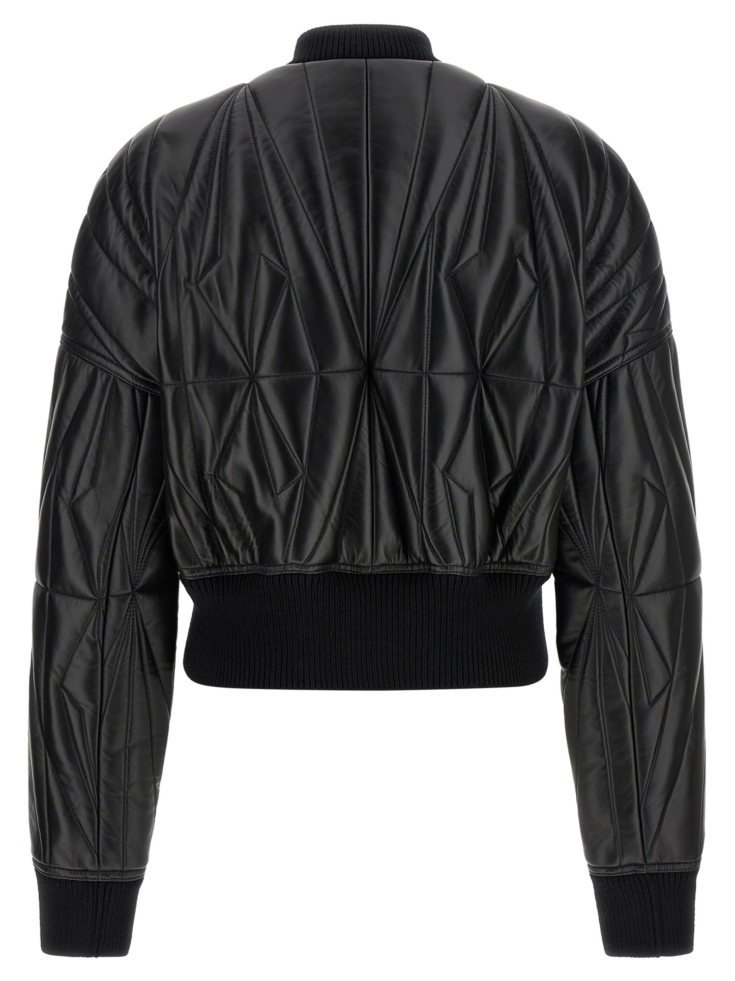 Rick Owens Men's Crop Top Quilted Padded Lamb Leather & Nylon Bomber Jacket - Black Patterned Signature