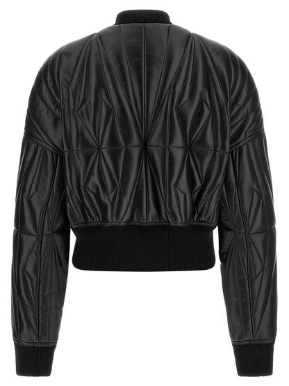 Rick Owens Men's Crop Top Quilted Padded Lamb Leather & Nylon Bomber Jacket - Black Patterned Signature