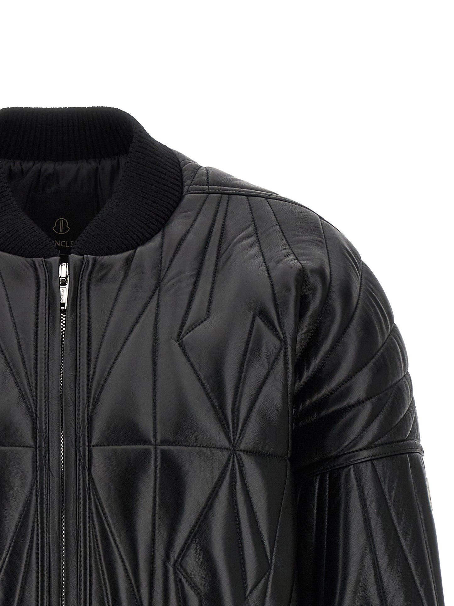Rick Owens Men's Crop Top Quilted Padded Lamb Leather & Nylon Bomber Jacket - Black Patterned Signature