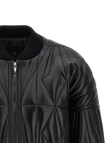 Rick Owens Men's Crop Top Quilted Padded Lamb Leather & Nylon Bomber Jacket - Black Patterned Signature