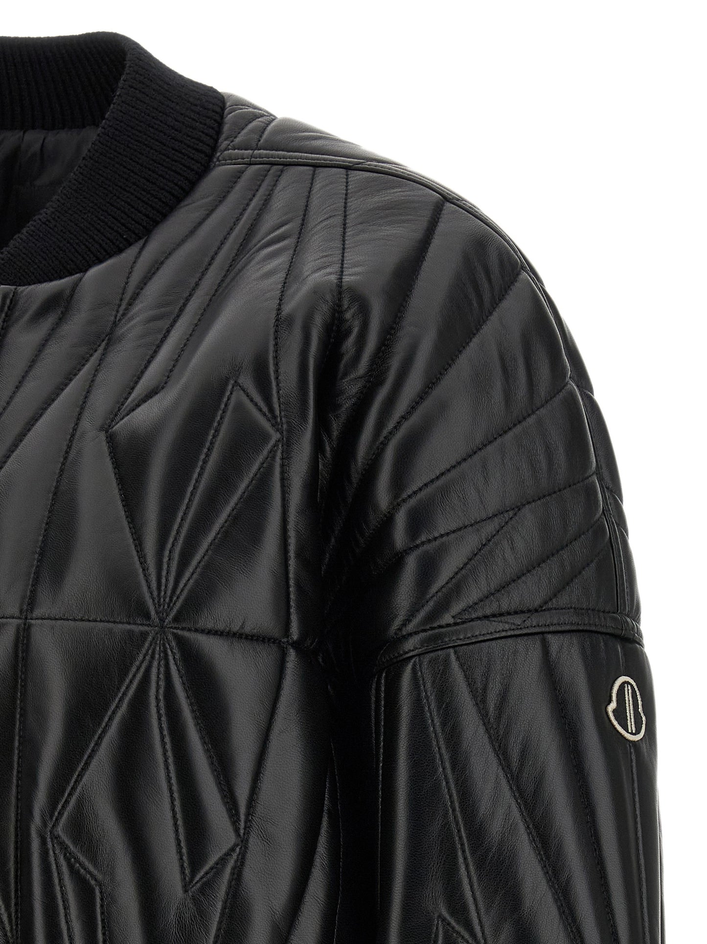 Rick Owens Men's Crop Top Quilted Padded Lamb Leather & Nylon Bomber Jacket - Black Patterned Signature