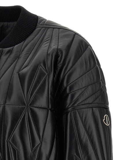 Rick Owens Men's Crop Top Quilted Padded Lamb Leather & Nylon Bomber Jacket - Black Patterned Signature