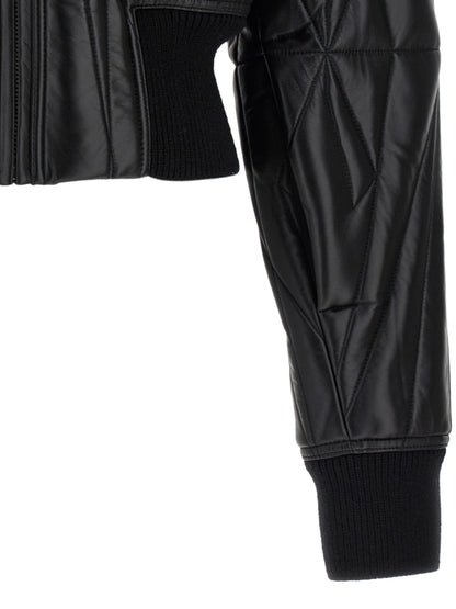 Rick Owens Men's Crop Top Quilted Padded Lamb Leather & Nylon Bomber Jacket - Black Patterned Signature