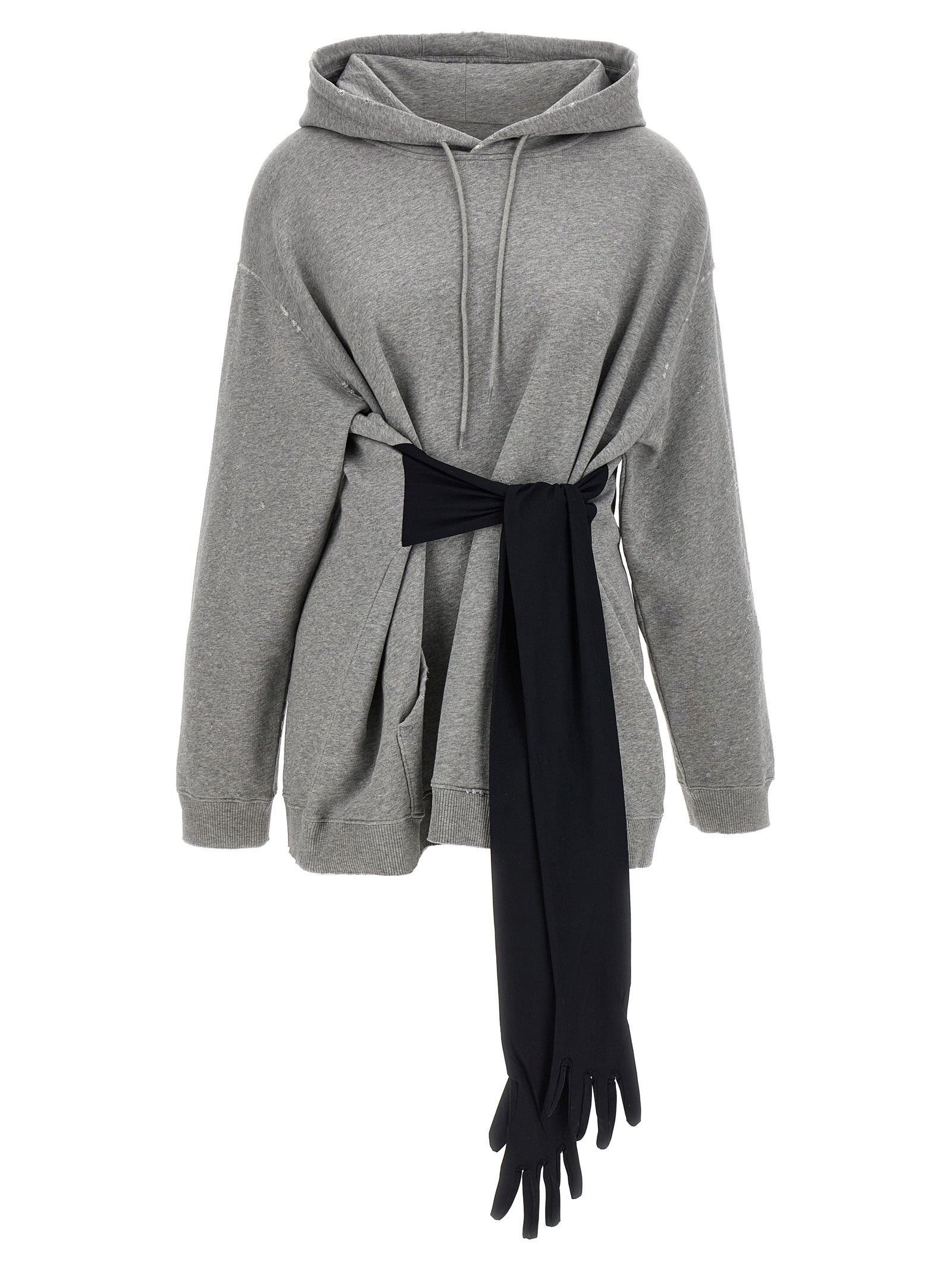 Hooded Dress by MM6 Maison Margiela for women in stretch cotton gray & white features an eye catching silhouette with a sophisticated hooded neckline, elegant long-sleeve, and a refined short mini for a eye catching aesthetic.
