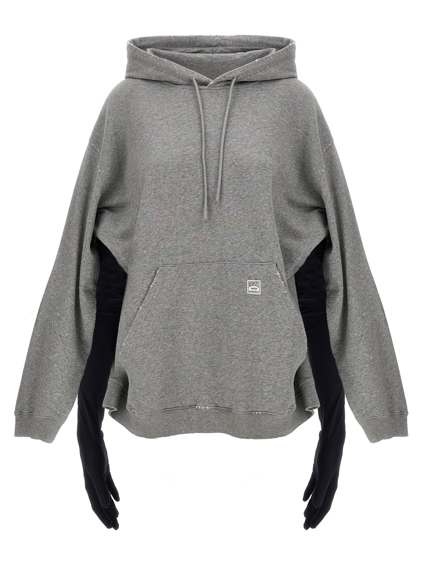 Hooded Dress by MM6 Maison Margiela for women in stretch cotton gray & white features an sultry silhouette defined by a hooded neckline and , falling to an sultry short mini for a sultry look.