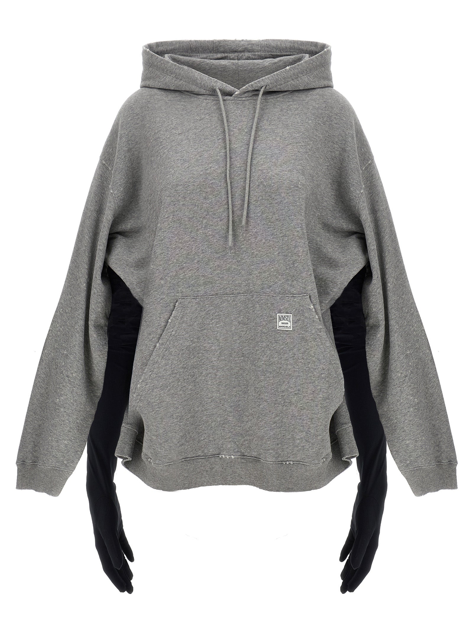 Hooded Dress by MM6 Maison Margiela for women in stretch cotton gray & white features an sultry silhouette defined by a hooded neckline and , falling to an sultry short mini for a sultry look.