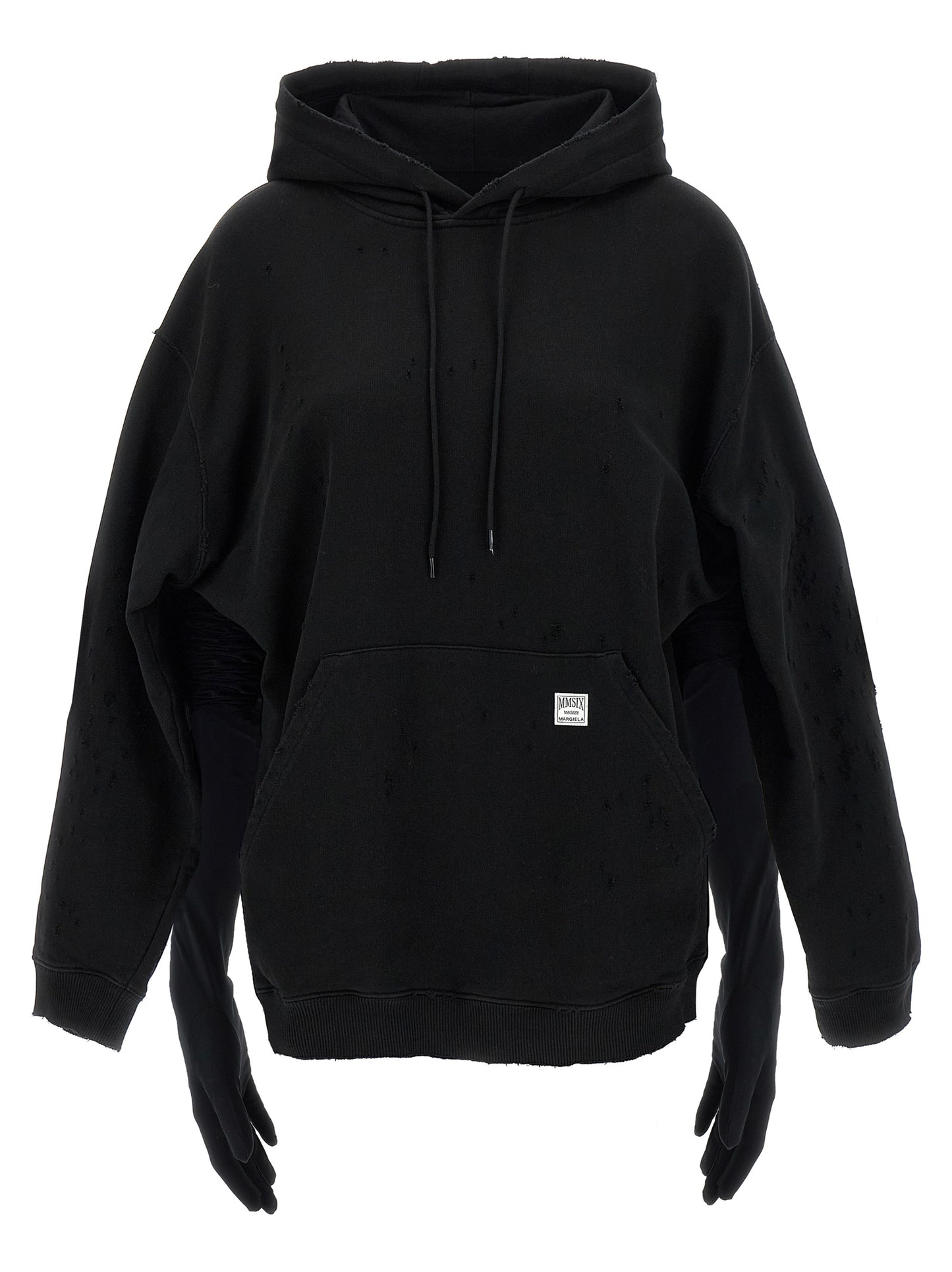 Hooded Dress by MM6 Maison Margiela for women in cotton black & white presents a sinuous silhouette, showcasing a sophisticated hooded neckline and detailed with a sinuous short mini for a refined finish.