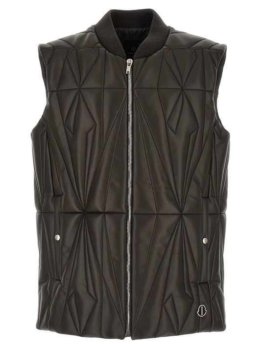Vest by Rick Owens for men in lamb leather nylon & goose-down brown & patterned features an contemporary silhouette, showcasing refined lightweight & insulated and a contemporary high-neck neckline for a sophisticated layered look.