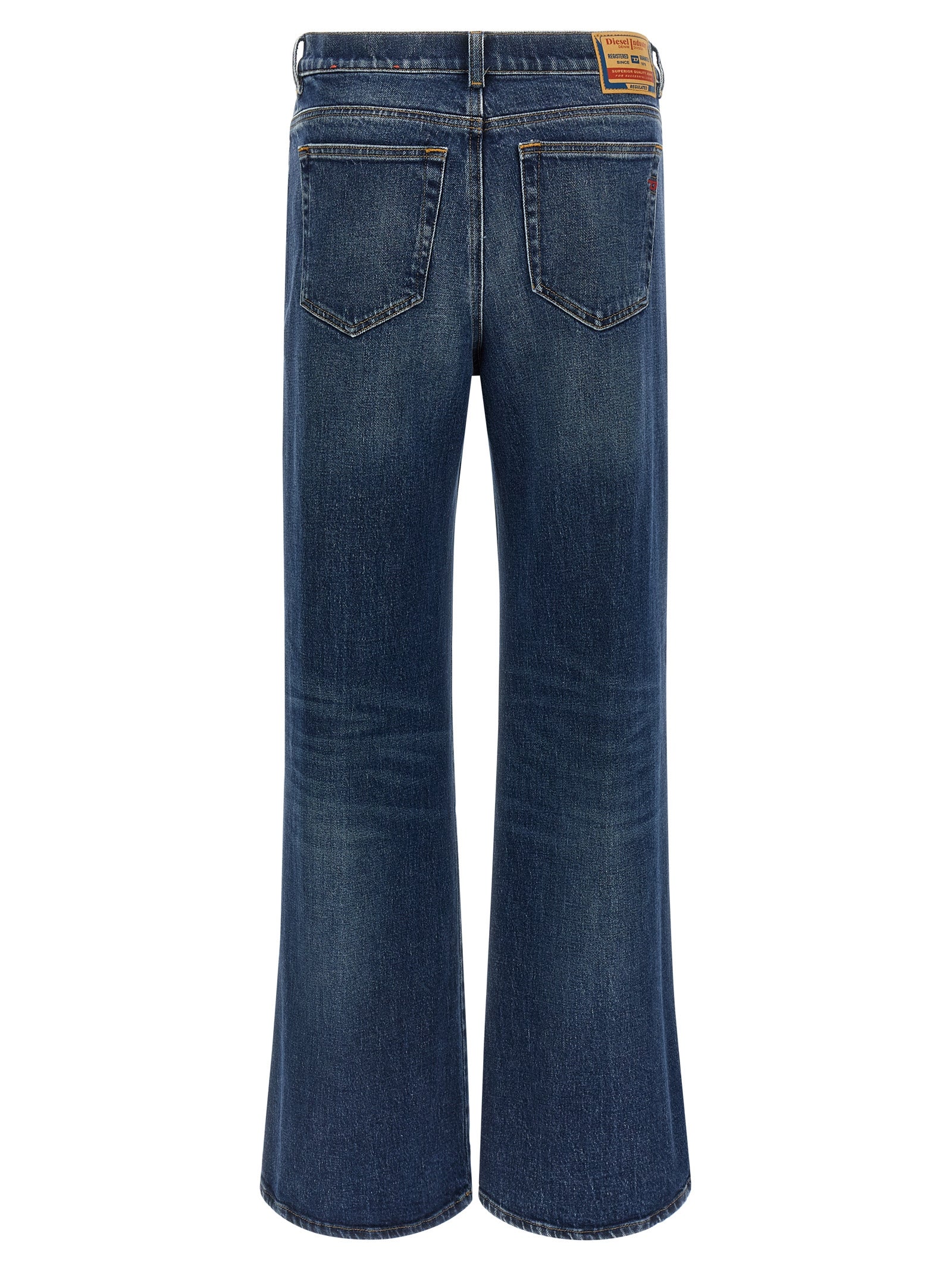 Jeans by Diesel for women in stretch denim cotton blue & signature presents a tailored silhouette, showcasing a tailored flared & wide and long cut with a refined mid rise for a truly tailored aesthetic.