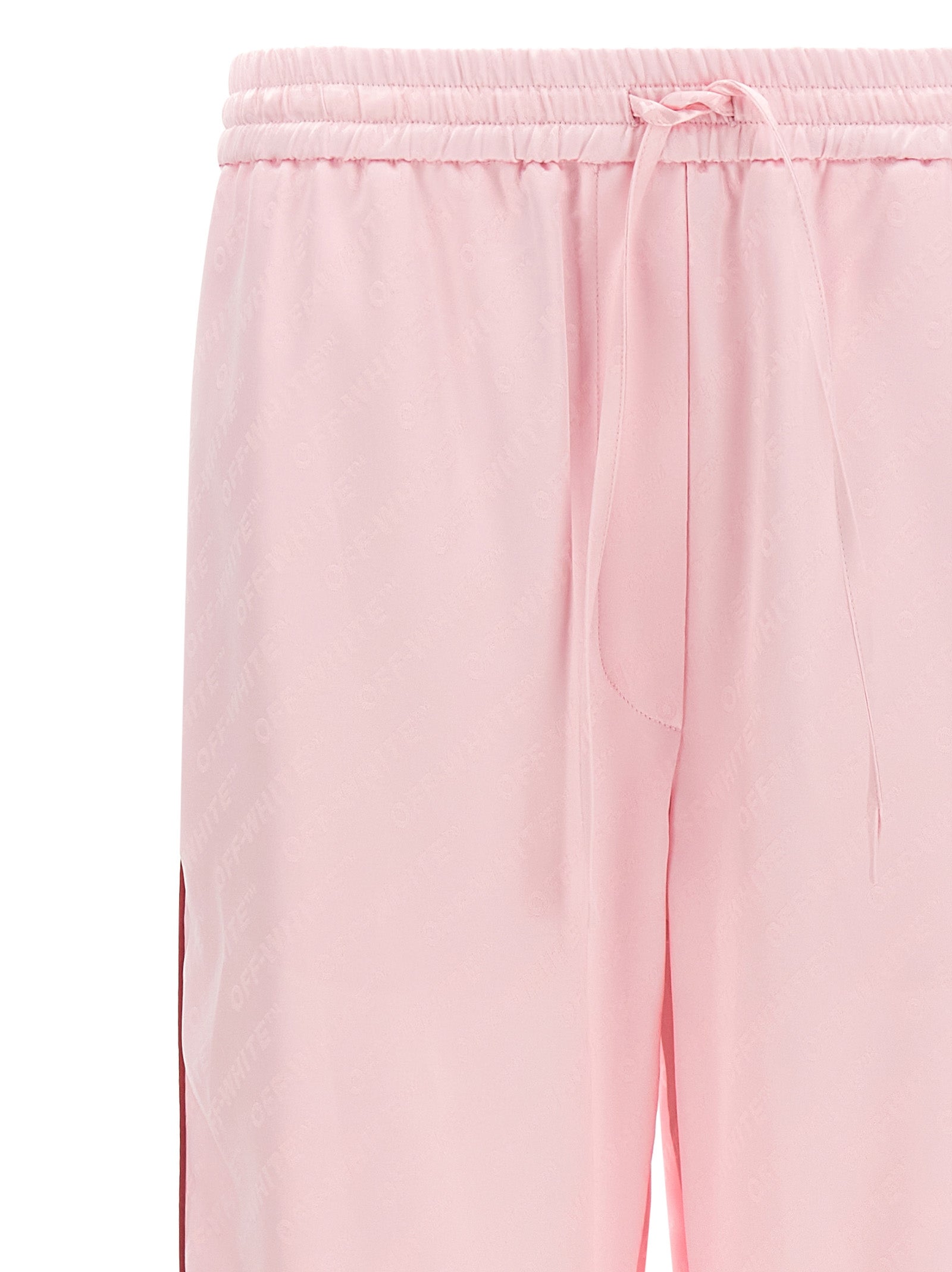 Casual Pants by Off-White for women in satin polyester & viscose multicolor, pink, white & jacquard presents a tailored silhouette, showcasing a tailored straight & wide and long cut with a refined for a truly tailored aesthetic.