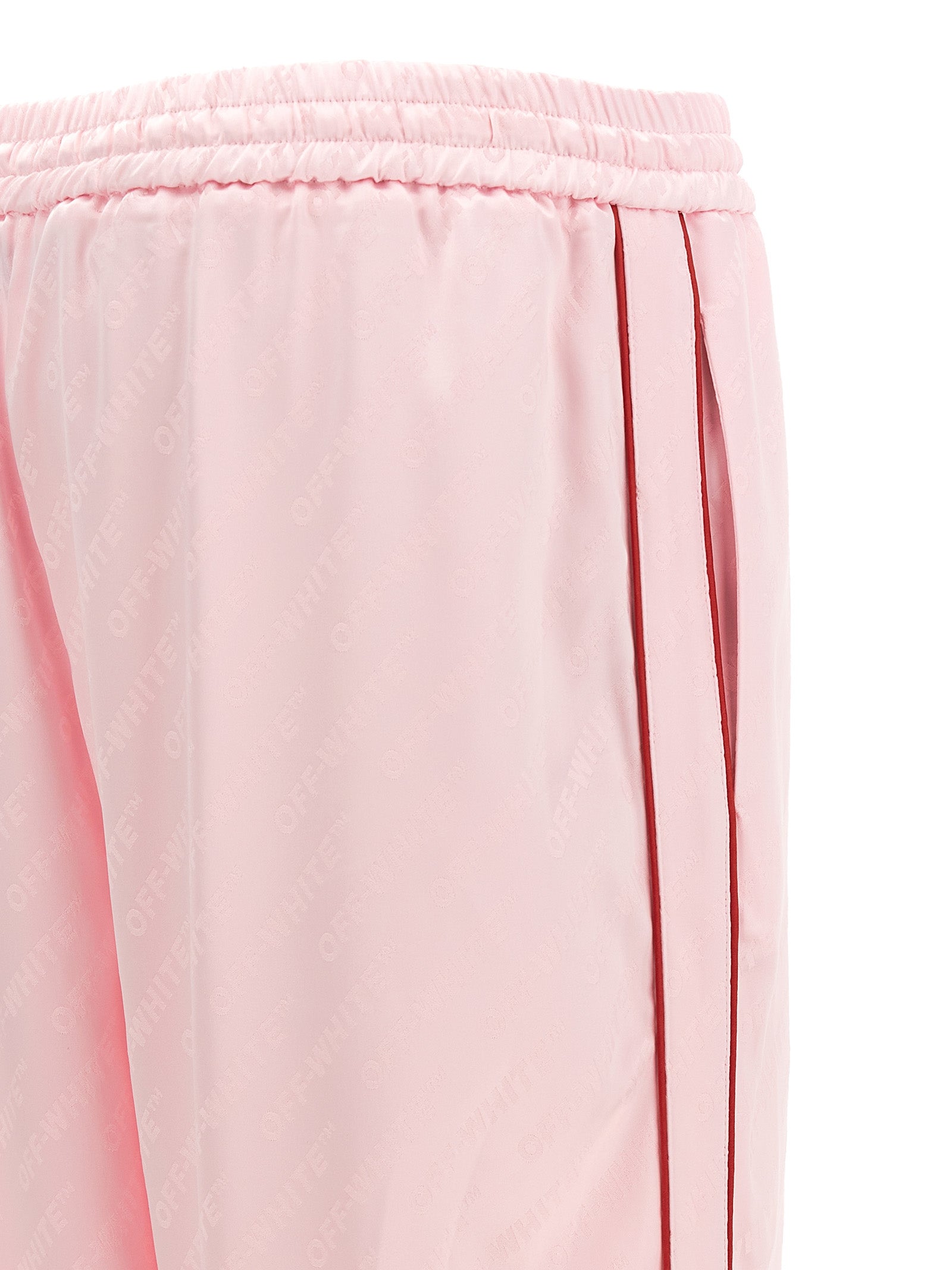 Casual Pants by Off-White for women in satin polyester & viscose multicolor, pink, white & jacquard presents a tailored silhouette, showcasing a tailored straight & wide and long cut with a refined for a truly tailored aesthetic.