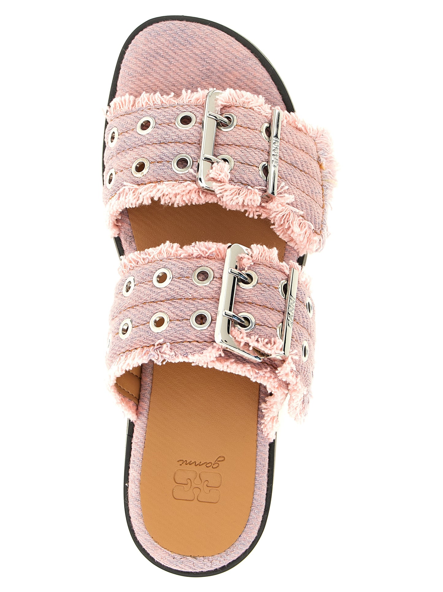 Sliders Sandals Flat Shoes by Ganni for women in organic denim cotton & leather multicolor & pink features an captivating silhouette, showcasing the captivating style of the Women's Organic Denim Cotton & Leather Sliders Sandals Flat Shoes with its distinct and refined .