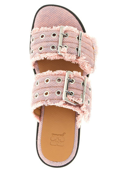 Sliders Sandals Flat Shoes by Ganni for women in organic denim cotton & leather multicolor & pink features an captivating silhouette, showcasing the captivating style of the Women's Organic Denim Cotton & Leather Sliders Sandals Flat Shoes with its distinct and refined .