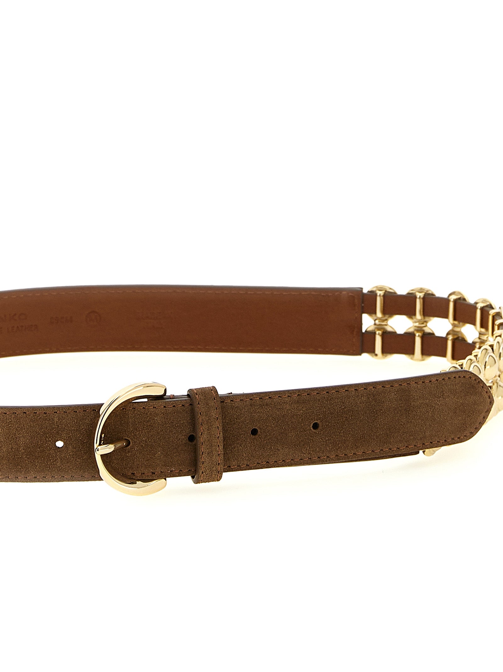 Belt by PINKO for women in suede lamb leather brown features an artisanal finish, elegantly showcasing the signature style and artisanal craftsmanship of the Suede Lamb Leather Belt design.