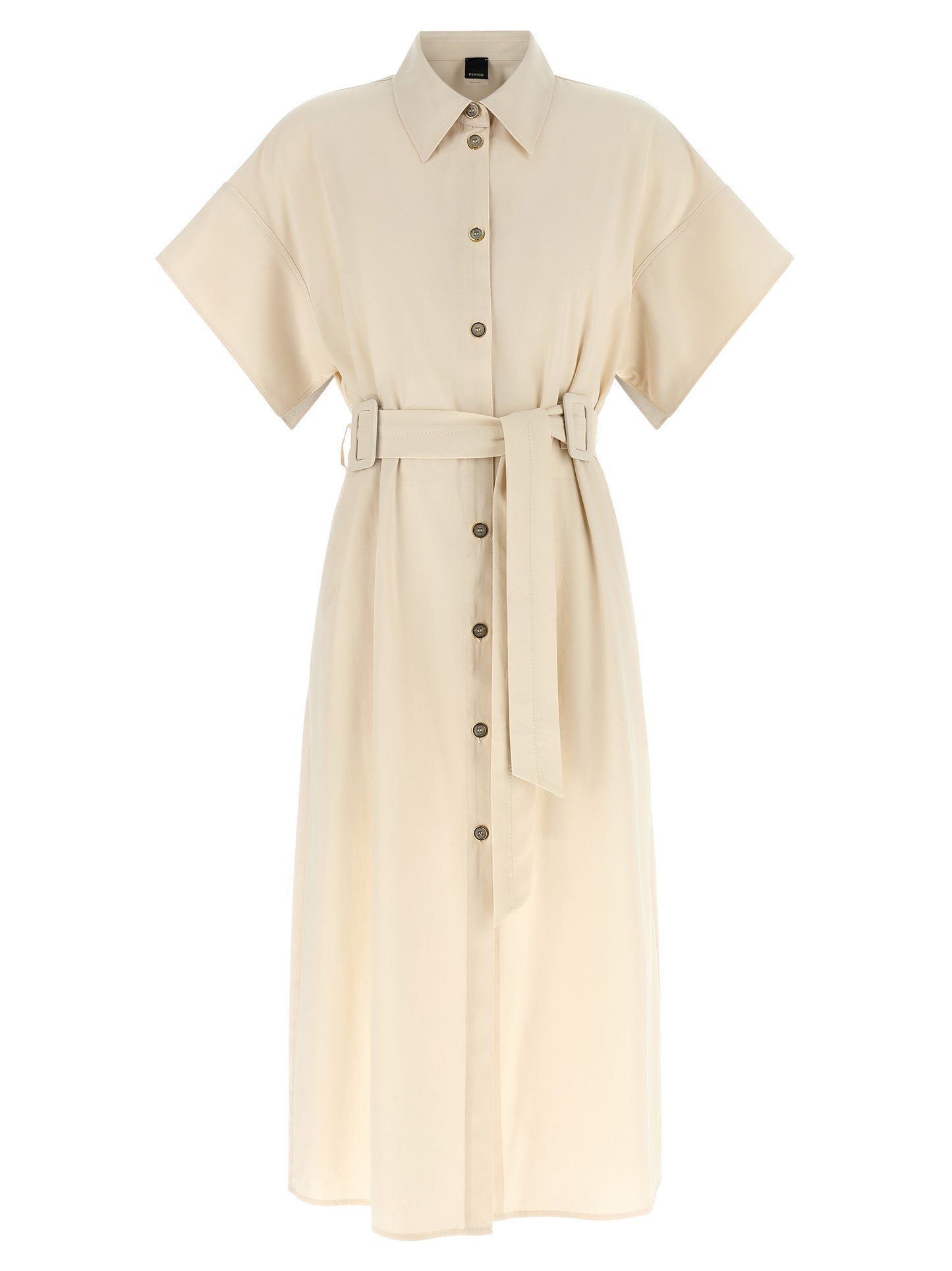 Dress by PINKO for women in cotton beige features an sultry silhouette defined by a and short-sleeve, falling to an sultry midi short for a sultry look.