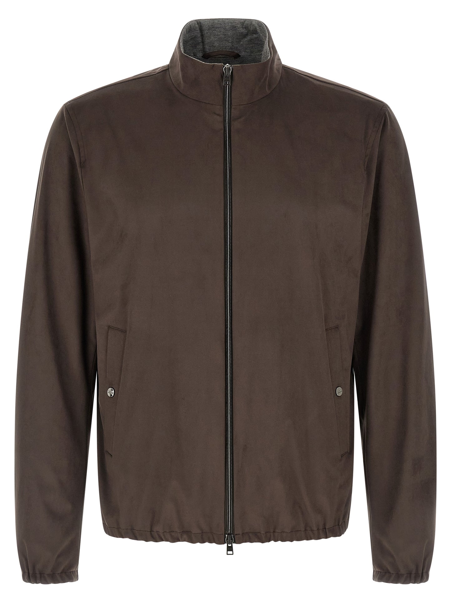 This Jacket by Herno for men in polyester suede leather & viscose brown showcases a magnificent silhouette, meticulously crafted with a distinctive high-neck neckline and functional pockets for a magnificent finish.
