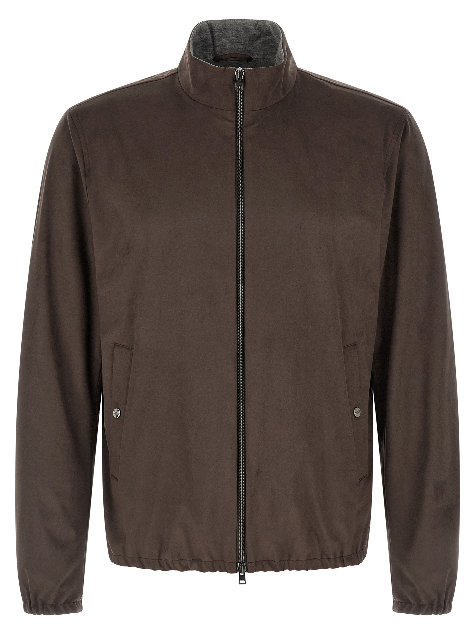 This Jacket by Herno for men in polyester suede leather & viscose brown showcases a magnificent silhouette, meticulously crafted with a distinctive high-neck neckline and functional pockets for a magnificent finish.