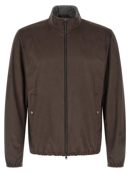 This Jacket by Herno for men in polyester suede leather & viscose brown showcases a magnificent silhouette, meticulously crafted with a distinctive high-neck neckline and functional pockets for a magnificent finish.