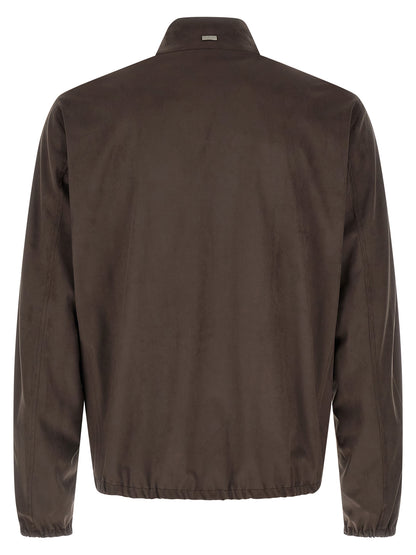Jacket by Herno for men in polyester suede leather & viscose brown showcases a contemporary silhouette, detailed with a contemporary high-neck neckline and premium pockets for a sophisticated finish.