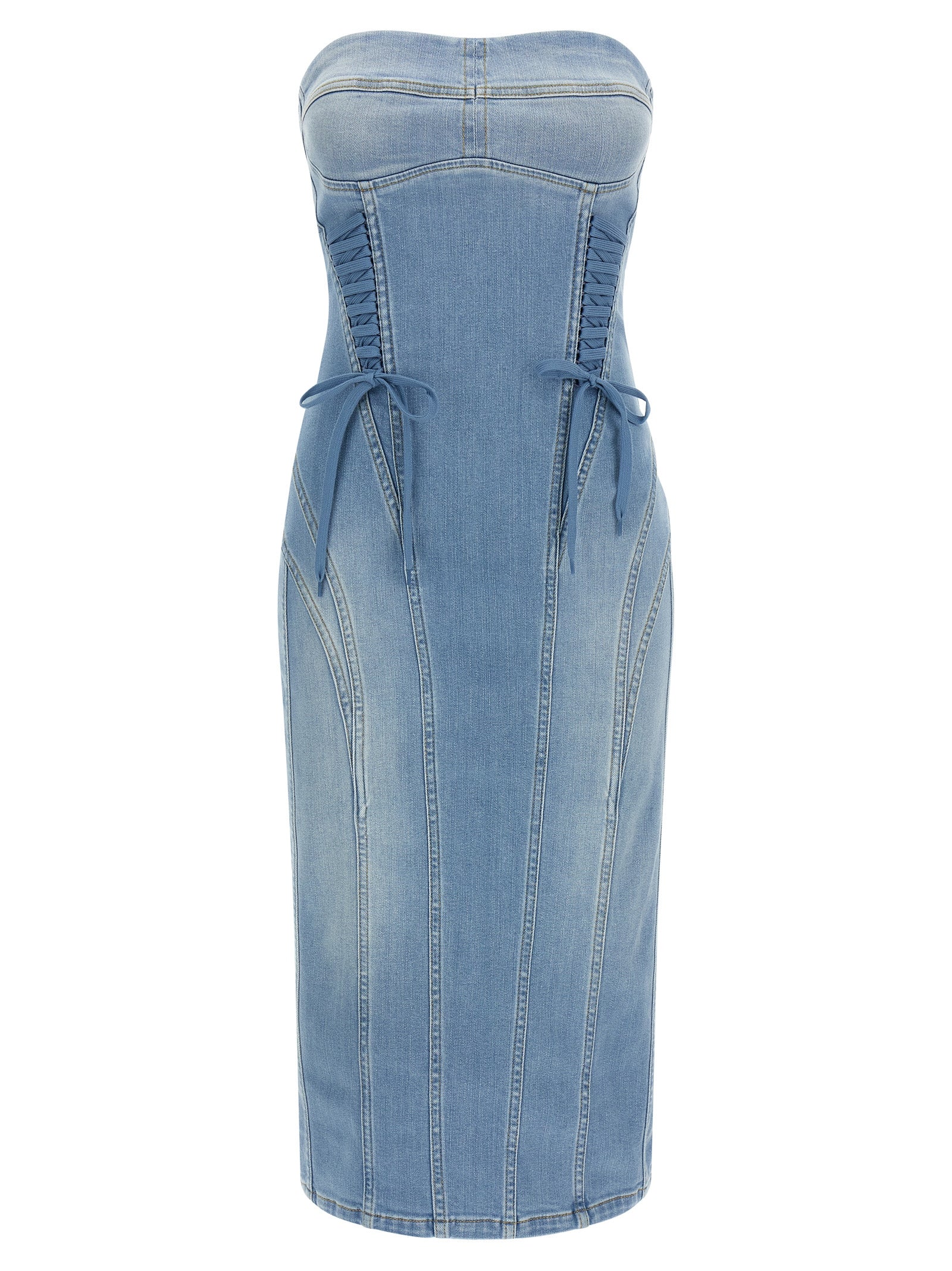 Dress by Elisabetta Franchi for women in stretch denim cotton polyamide light-blue features an sultry silhouette defined by a and sleeveless, falling to an sultry midi for a sultry look.