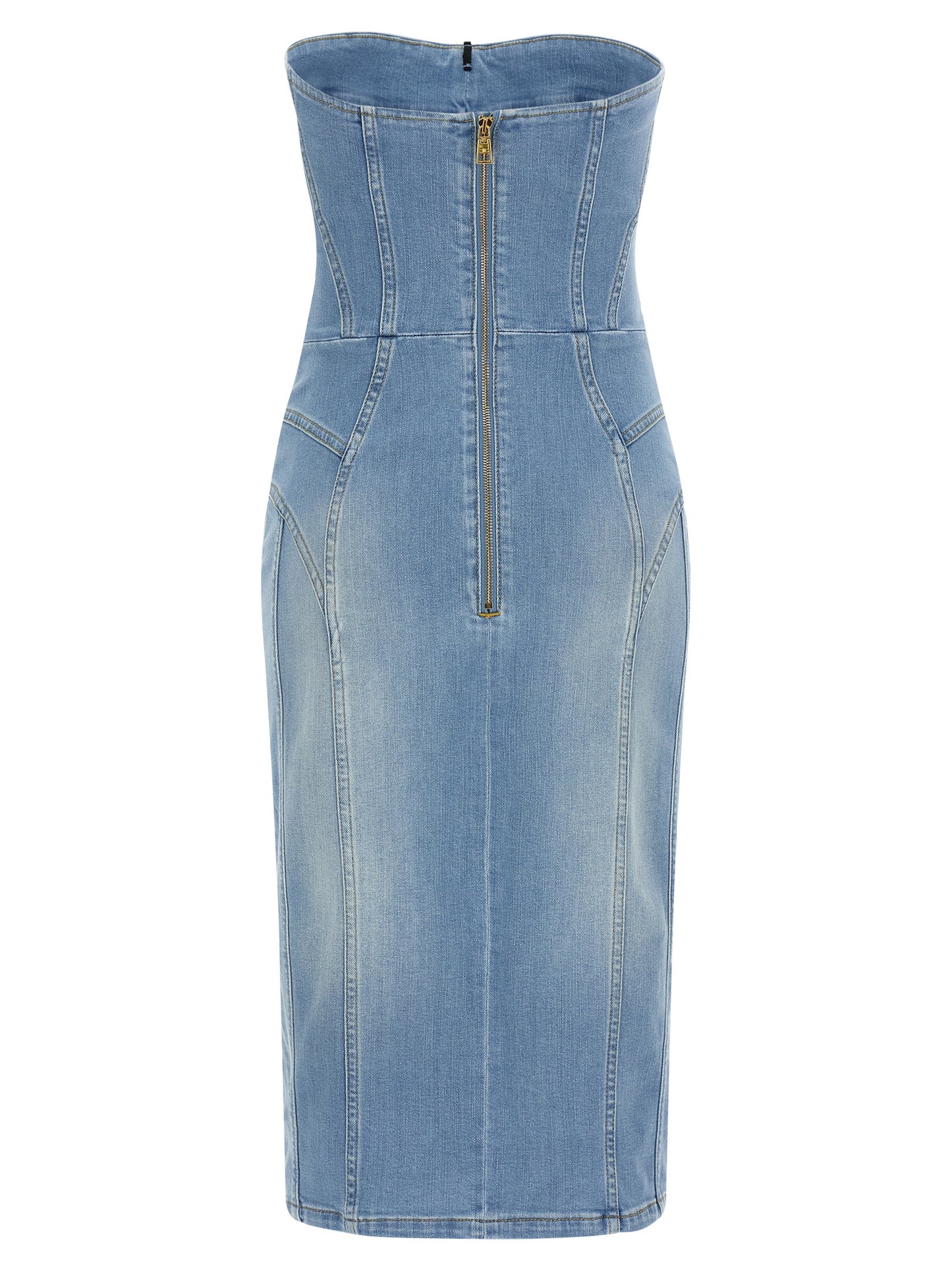 Dress by Elisabetta Franchi for women in stretch denim cotton polyamide light-blue features a dramatic silhouette, showcasing an elegant and that flows into a dramatic midi.