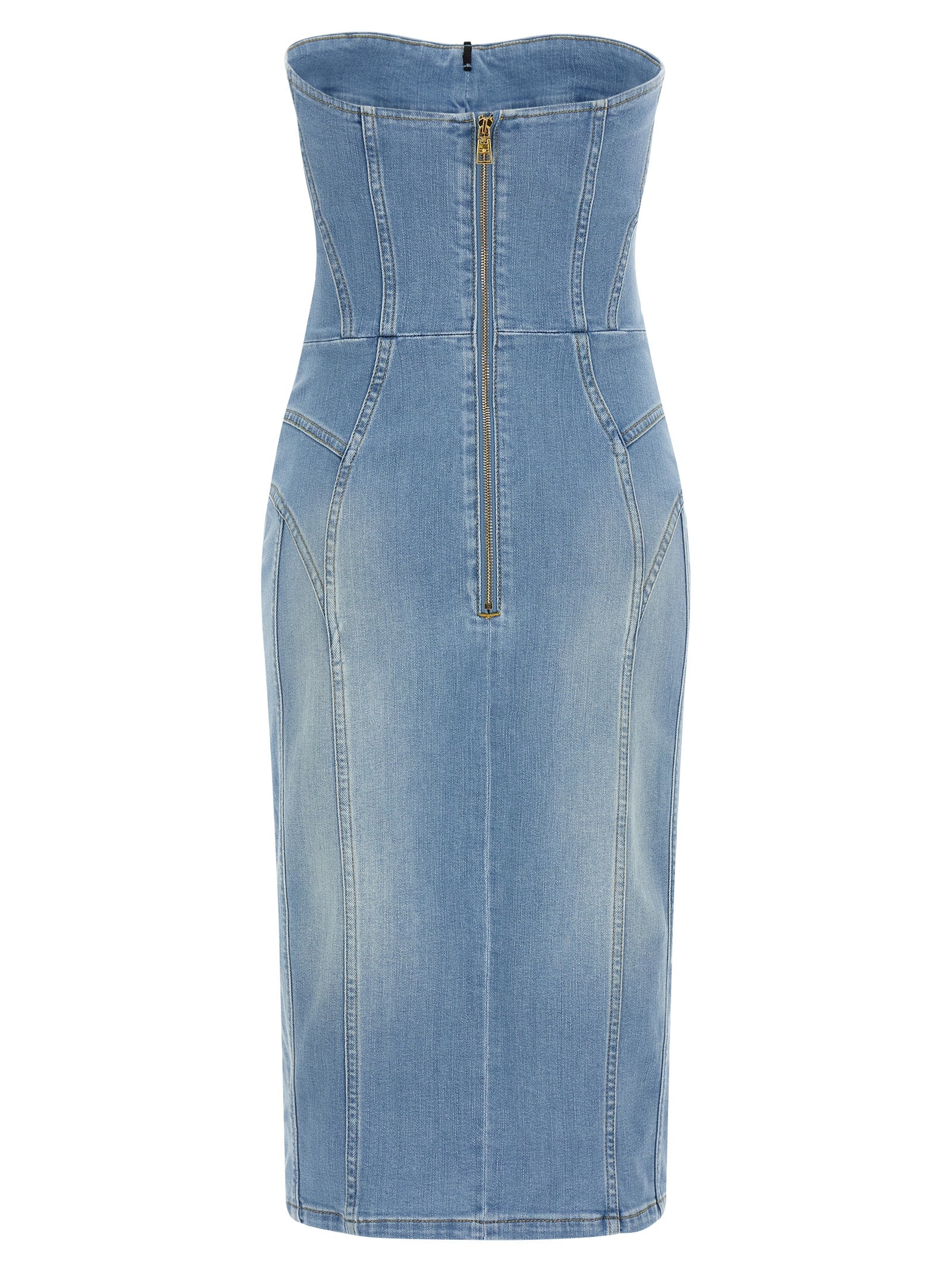 Dress by Elisabetta Franchi for women in stretch denim cotton polyamide light-blue features a dramatic silhouette, showcasing an elegant and that flows into a dramatic midi.