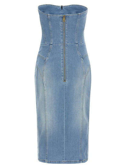 Dress by Elisabetta Franchi for women in stretch denim cotton polyamide light-blue features a dramatic silhouette, showcasing an elegant and that flows into a dramatic midi.