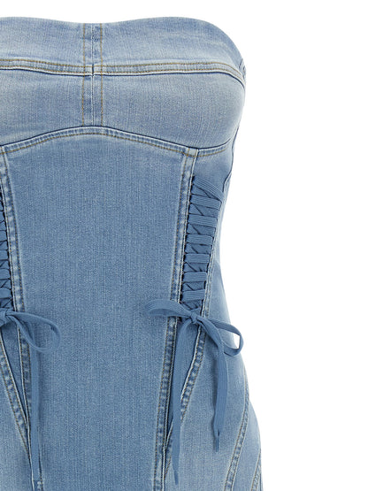 Dress by Elisabetta Franchi for women in stretch denim cotton polyamide light-blue presents a sinuous silhouette, showcasing a sophisticated and detailed with a sinuous midi for a refined finish.