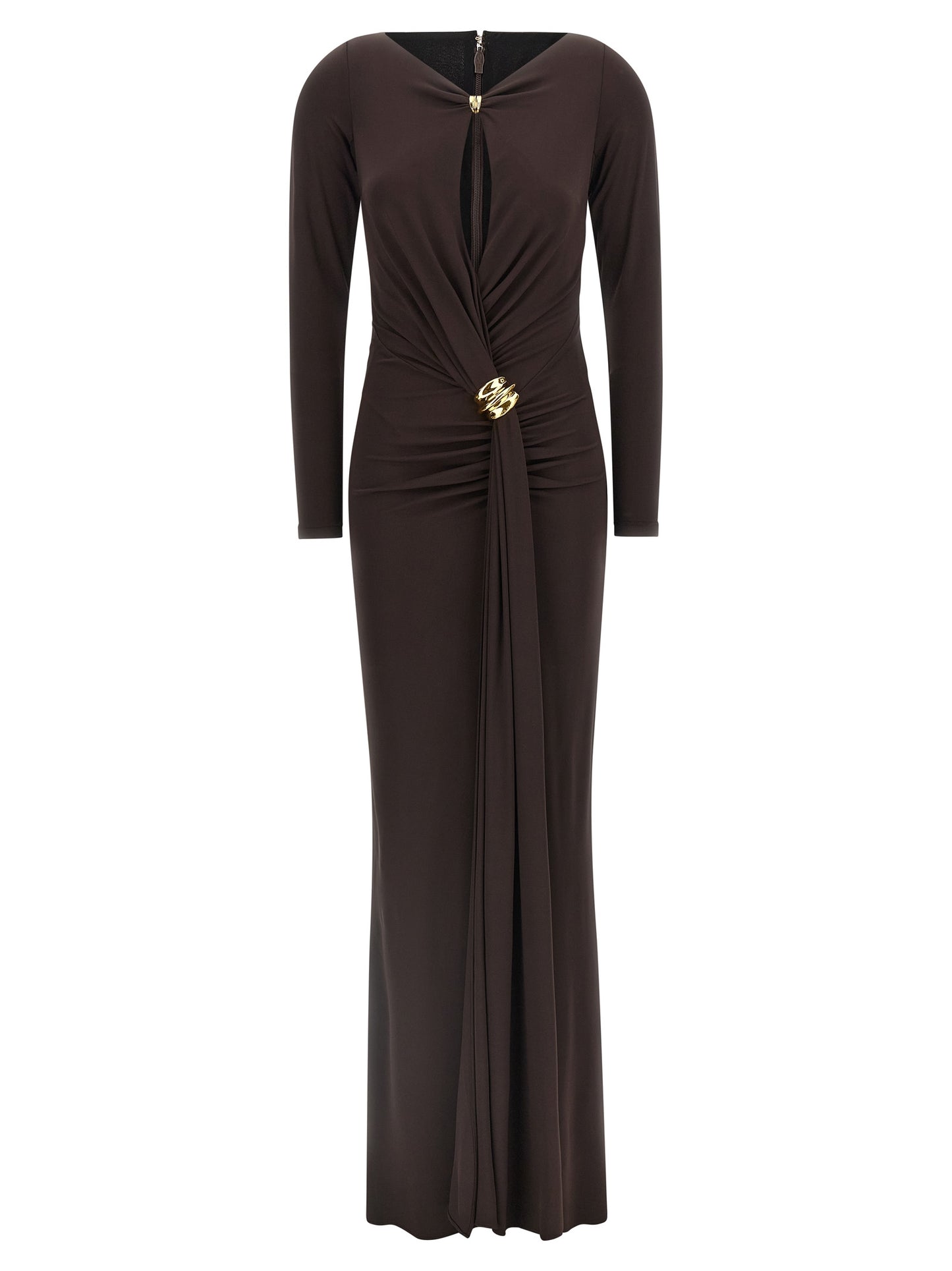 Dress by Elisabetta Franchi for women in viscose crepe brown & red features an magnificent silhouette, artfully detailed with a magnificent v-neck neckline and long-sleeve that flows into an magnificent long.