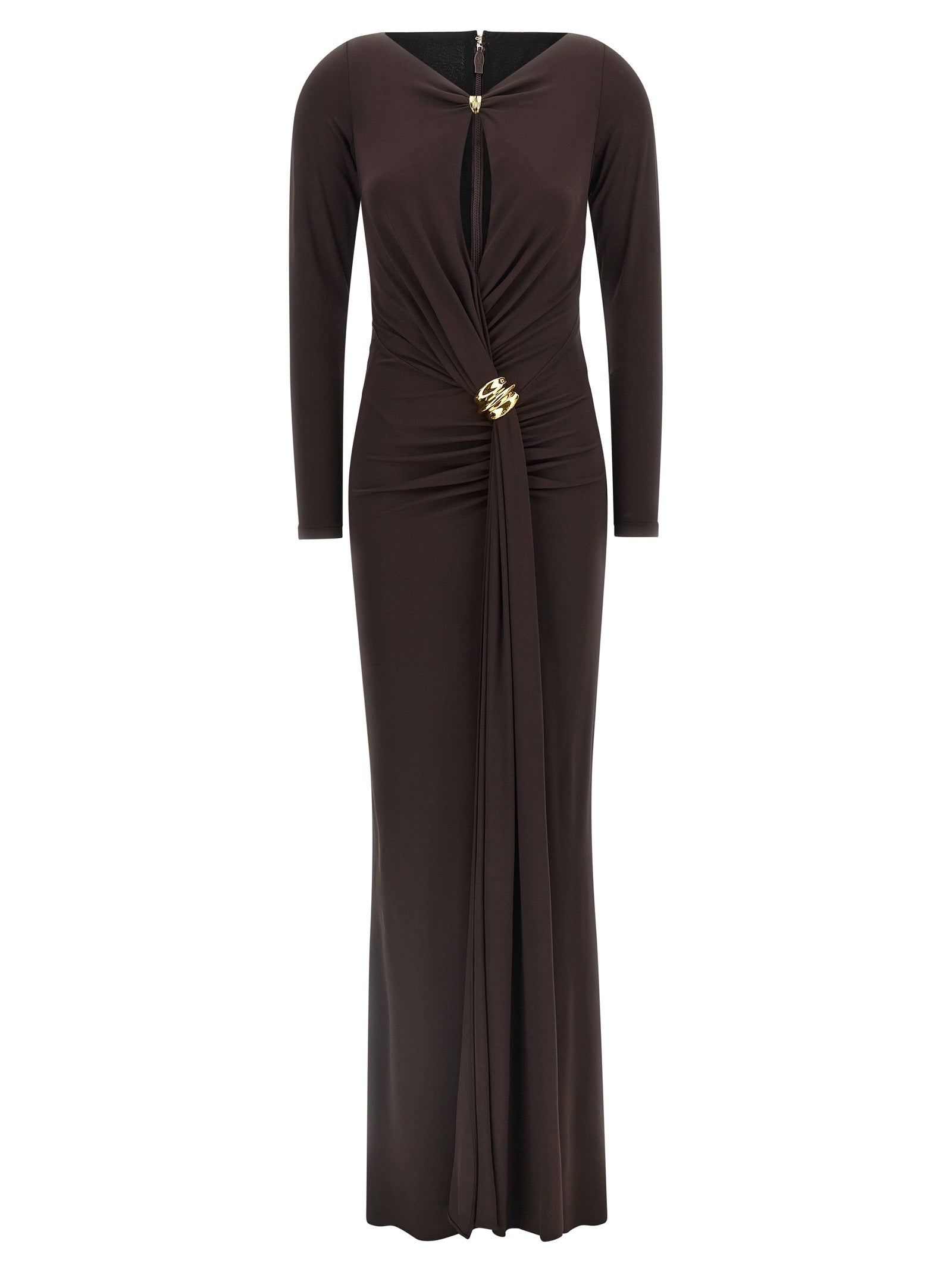 Dress by Elisabetta Franchi for women in viscose crepe brown & red features an magnificent silhouette, artfully detailed with a magnificent v-neck neckline and long-sleeve that flows into an magnificent long.