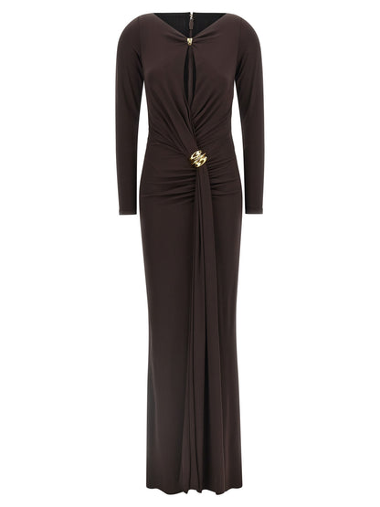 Dress by Elisabetta Franchi for women in viscose crepe brown & red features an magnificent silhouette, artfully detailed with a magnificent v-neck neckline and long-sleeve that flows into an magnificent long.