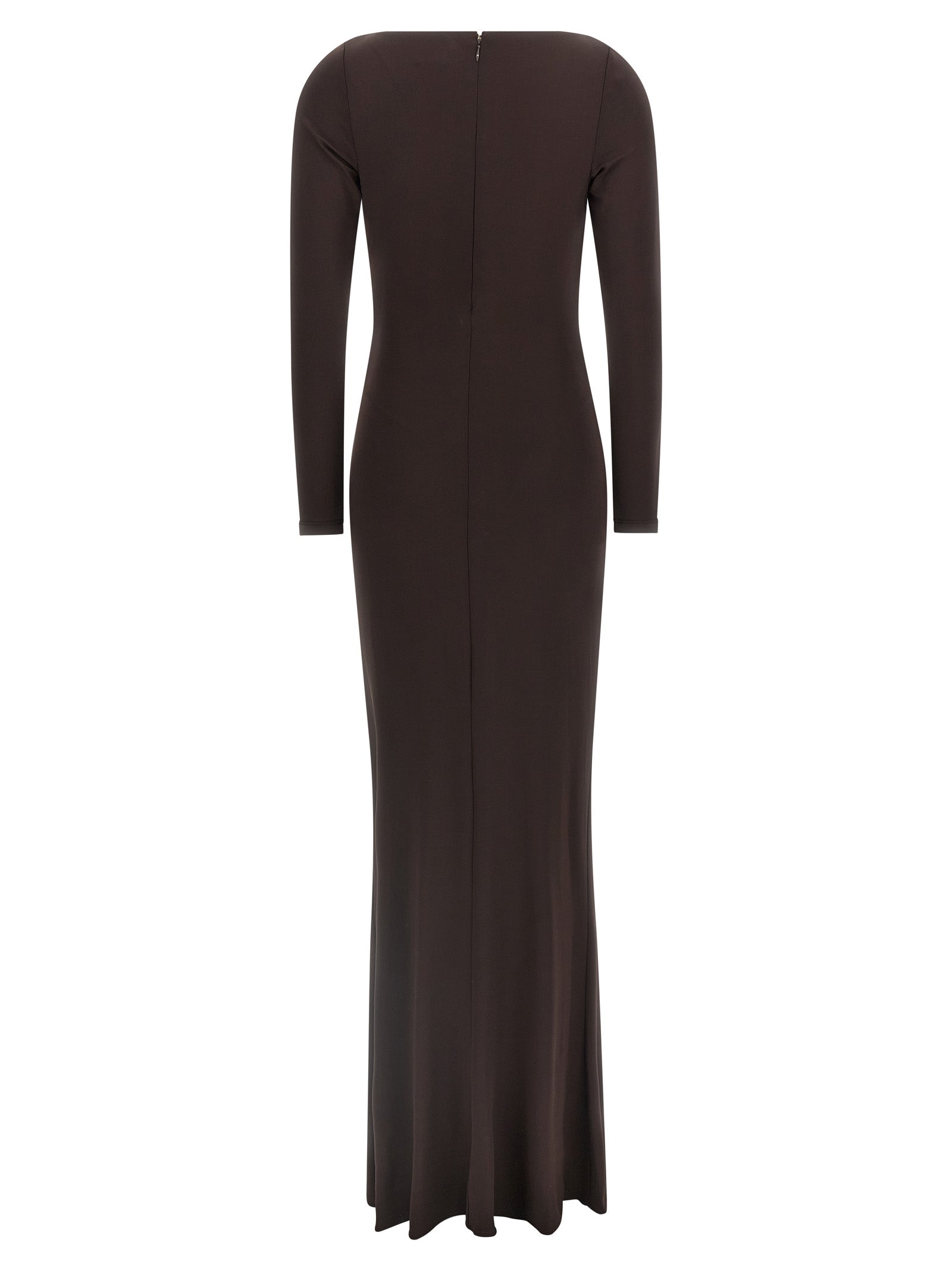 Dress by Elisabetta Franchi for women in viscose crepe brown & red showcases a striking silhouette, elegantly detailed with a , refined v-neck neckline, and a striking long for a striking finish.