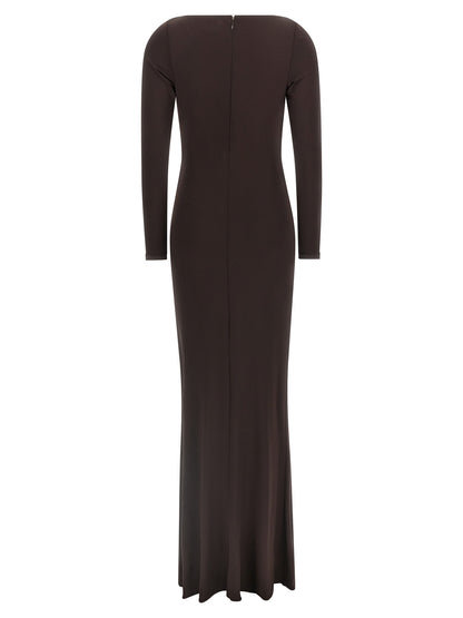 Dress by Elisabetta Franchi for women in viscose crepe brown & red showcases a striking silhouette, elegantly detailed with a , refined v-neck neckline, and a striking long for a striking finish.
