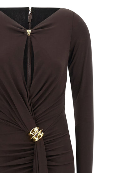 Dress by Elisabetta Franchi for women in viscose crepe brown & red features an sultry silhouette defined by a v-neck neckline and , falling to an sultry long for a sultry look.