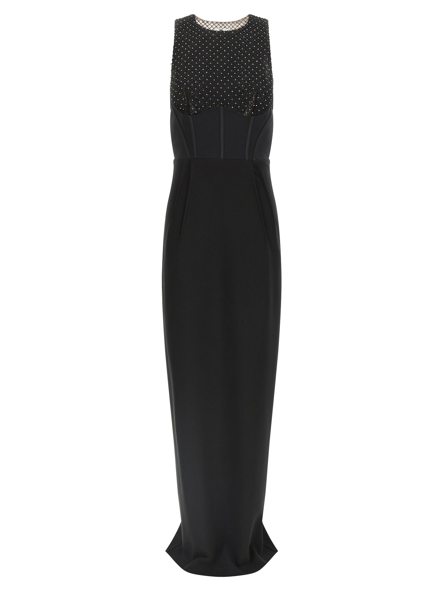 Dress by Elisabetta Franchi for women in polyester patent leather black & red features a dramatic silhouette, showcasing an elegant split neckline and sleeveless that flows into a dramatic long.