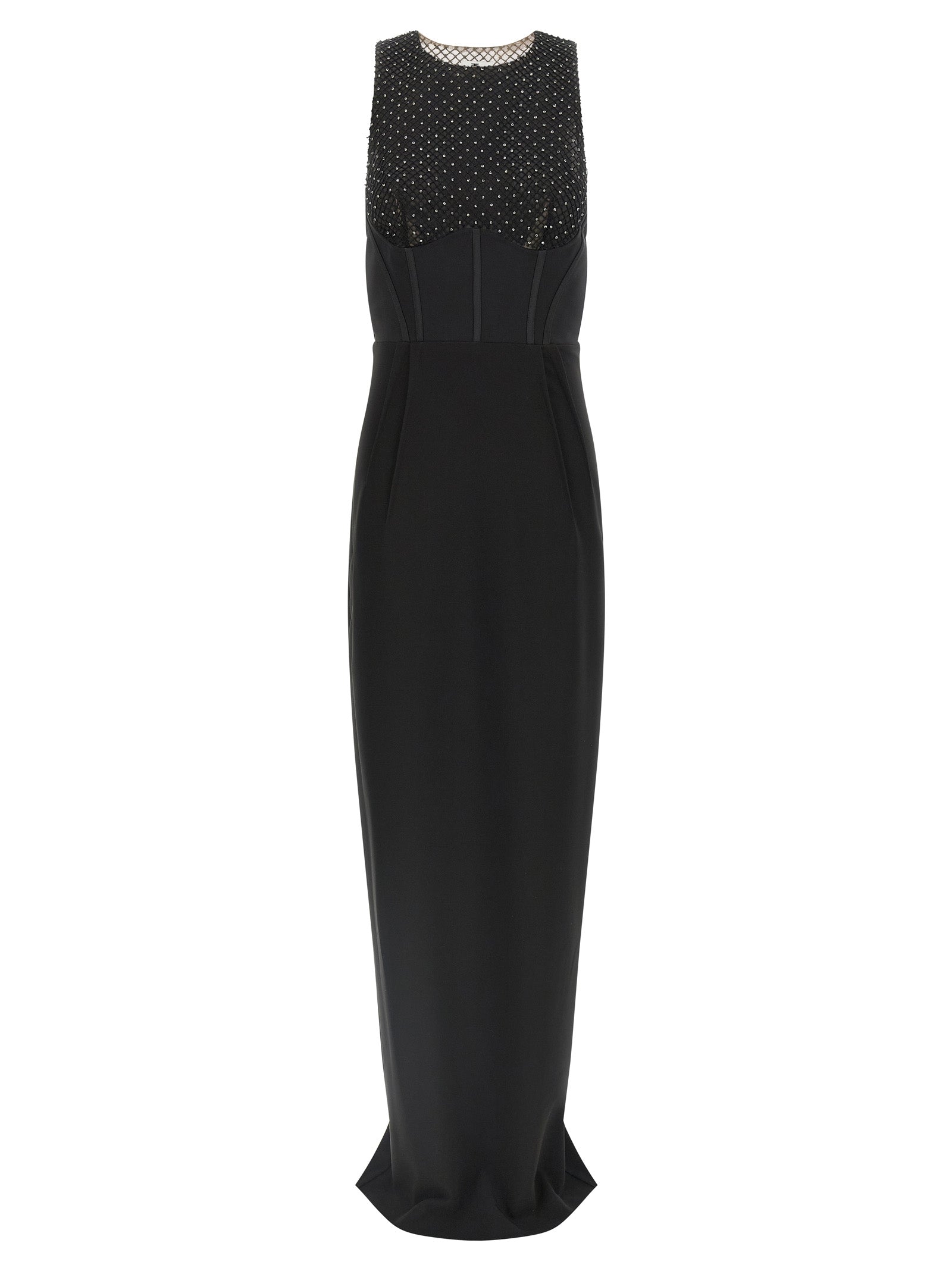 Dress by Elisabetta Franchi for women in polyester patent leather black & red features a dramatic silhouette, showcasing an elegant split neckline and sleeveless that flows into a dramatic long.