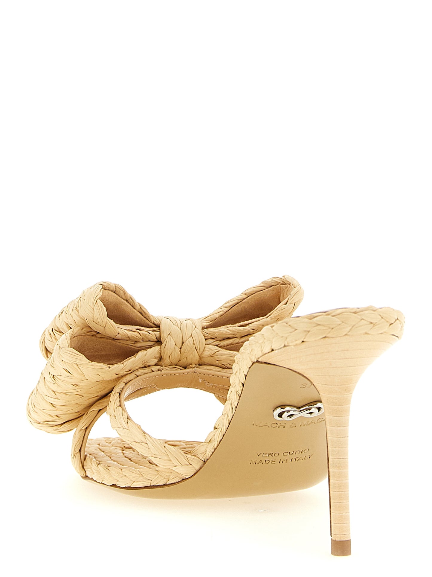 Stiletto Mules Sandals by MACH & MACH for women in leather & raffia beige features an exquisite silhouette, showcasing the exquisite Women's Leather & Raffia Stiletto Mules Sandals with a stiletto and .