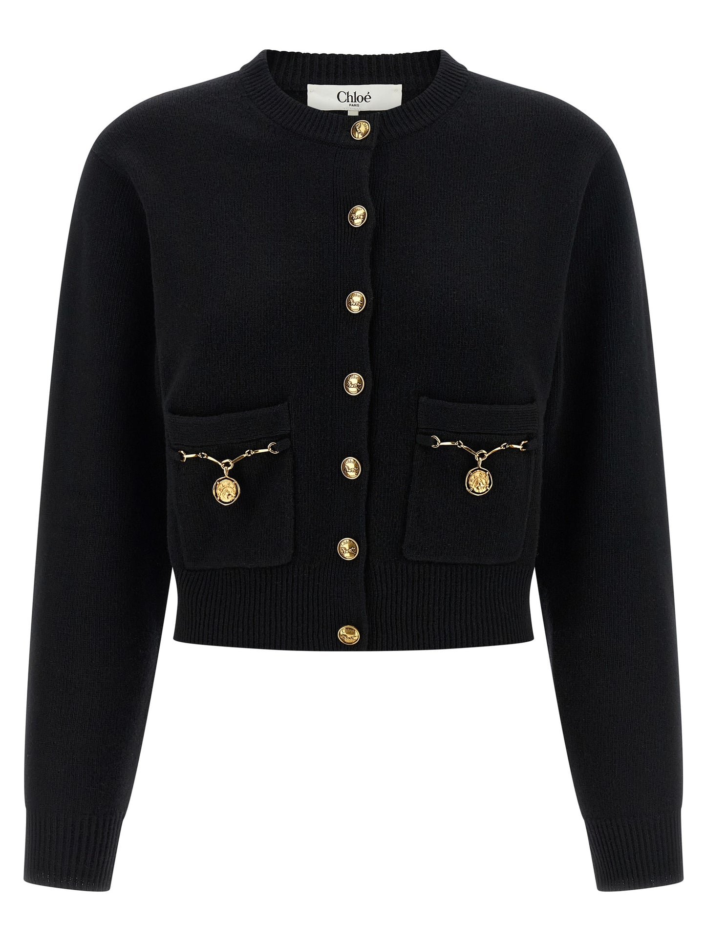 Cardigan by Chloé for women in cashmere merino wool & horse leather black features a nuanced silhouette with a refined and nuanced long-sleeve detailing for a sophisticated look.