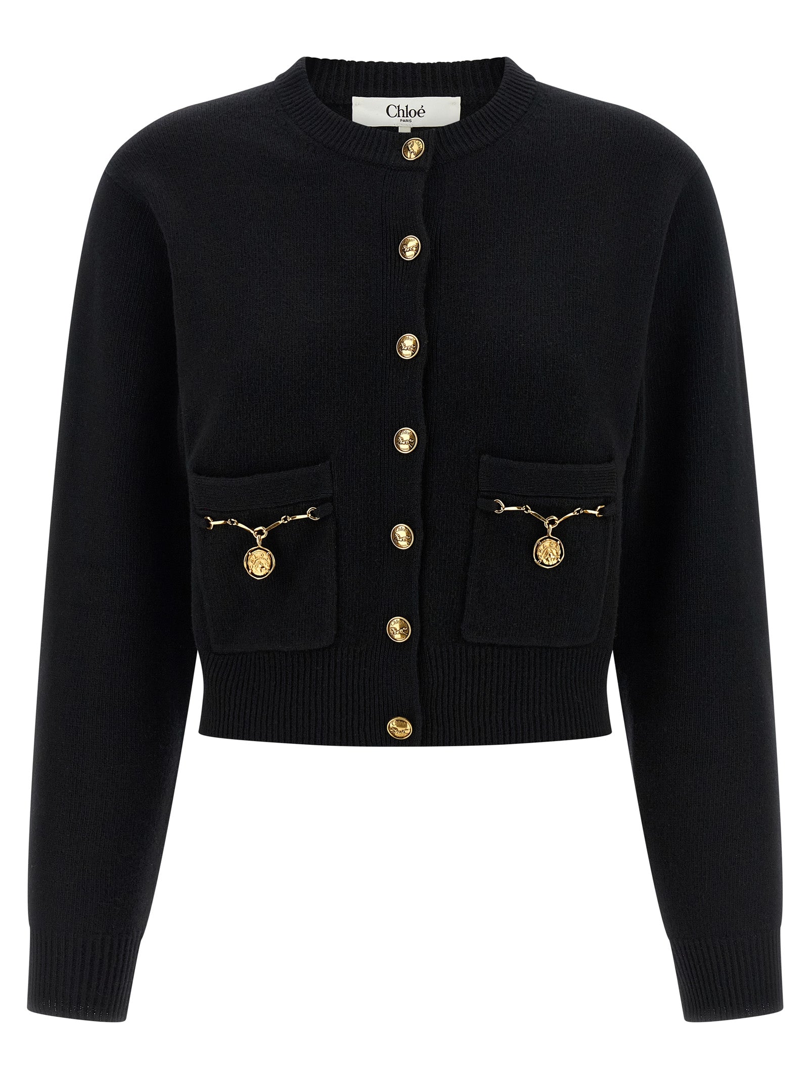 Cardigan by Chloé for women in cashmere merino wool & horse leather black features a nuanced silhouette with a refined and nuanced long-sleeve detailing for a sophisticated look.