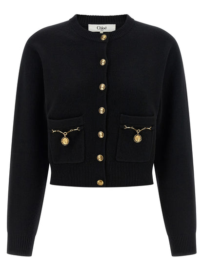 Cardigan by Chloé for women in cashmere merino wool & horse leather black features a nuanced silhouette with a refined and nuanced long-sleeve detailing for a sophisticated look.