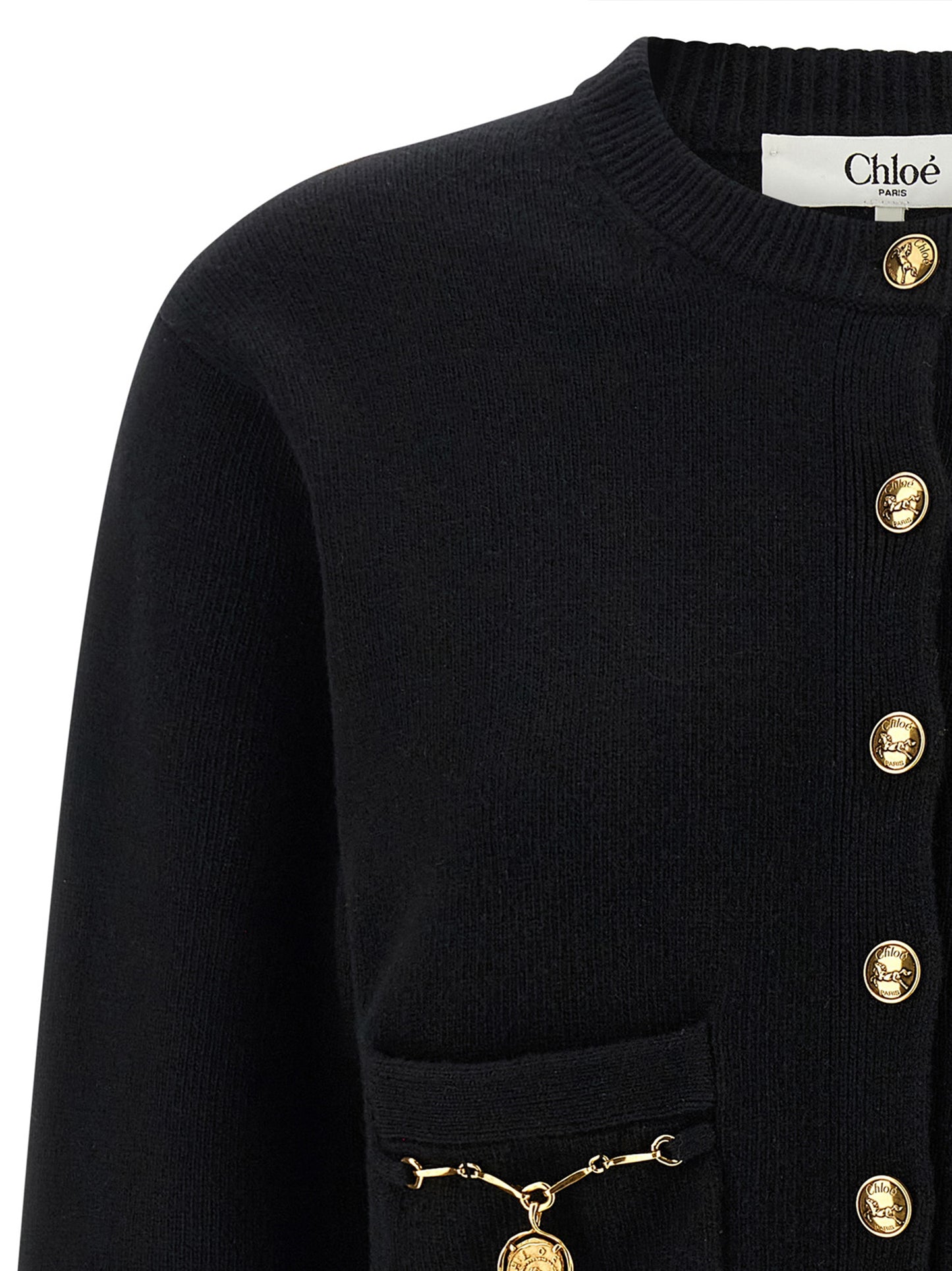 Cardigan by Chloé for women in cashmere merino wool & horse leather black showcases a captivating silhouette, artfully detailed with a captivating and for a truly sophisticated captivating look.