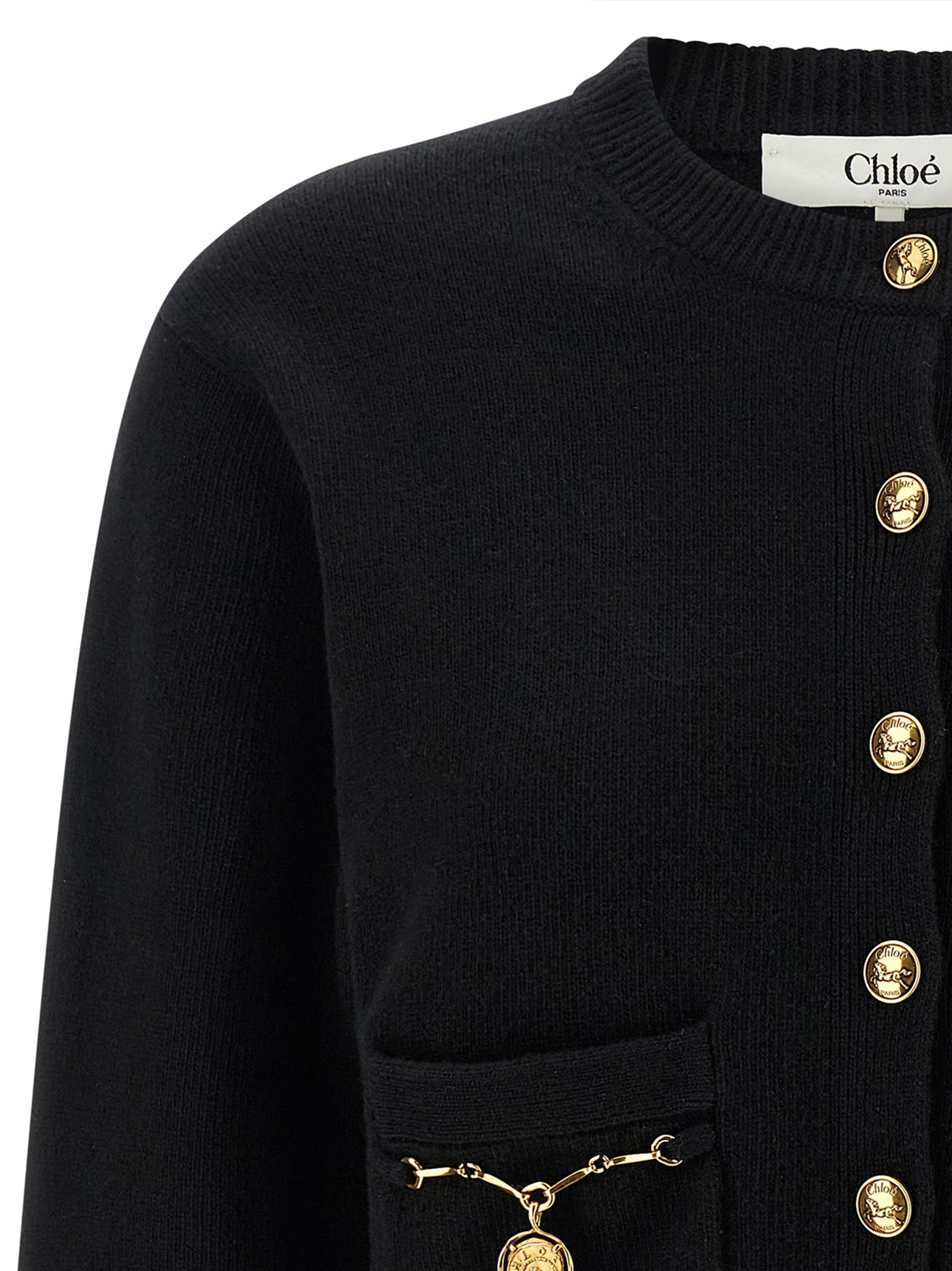 Cardigan by Chloé for women in cashmere merino wool & horse leather black showcases a captivating silhouette, artfully detailed with a captivating and for a truly sophisticated captivating look.